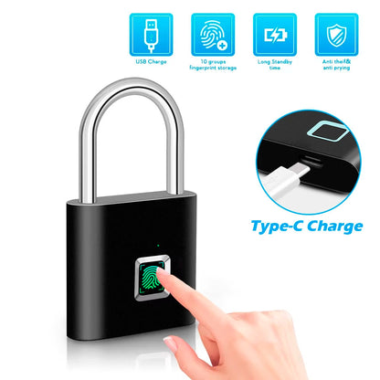 Smart Fingerprint Padlock Waterproof Keyless Rechargeable Security Lock