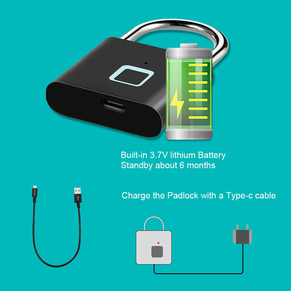 Smart Fingerprint Padlock Waterproof Keyless Rechargeable Security Lock