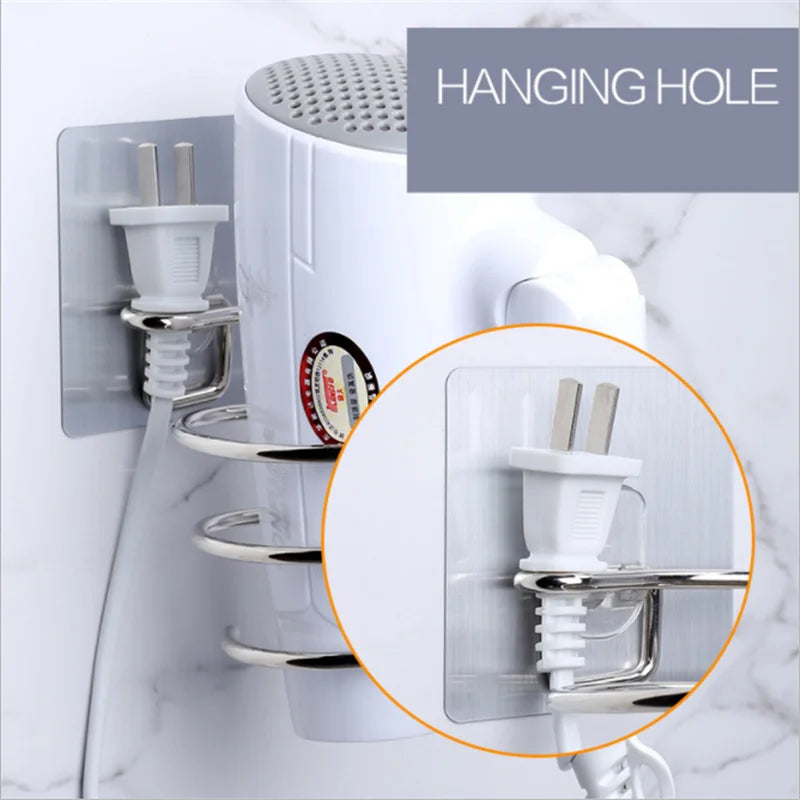 Wall Mounted Hair Dryer Holder Stainless Steel No Drill Organizer